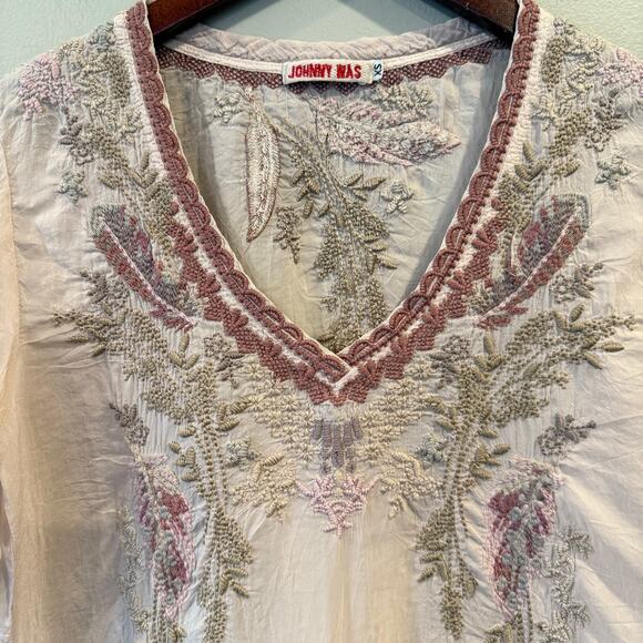 Johnny Was Embroidered Ollie Blouse Sheer Top Tunic Sz XS Whimsy Feminine Pink - Picture 8 of 15